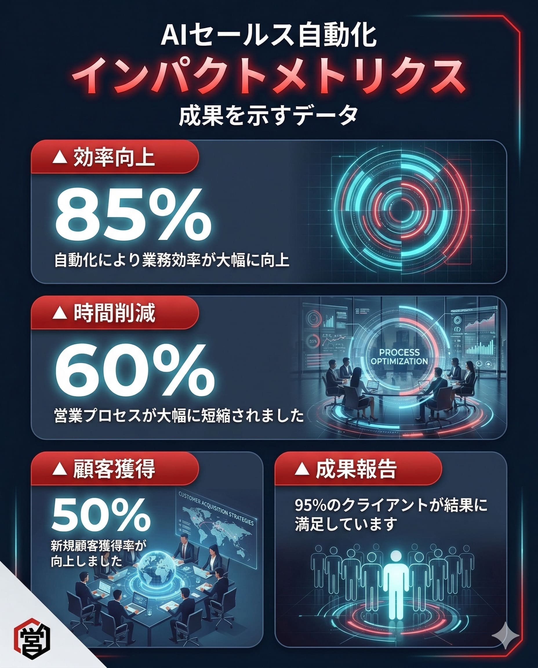AIセールス自動化のインパクトメトリクス。効率向上85%、時間削減60%、新規顧客獲得50%向上、95%のクライアントが結果に満足していることを示す統計グラフのインフォグラフィック。