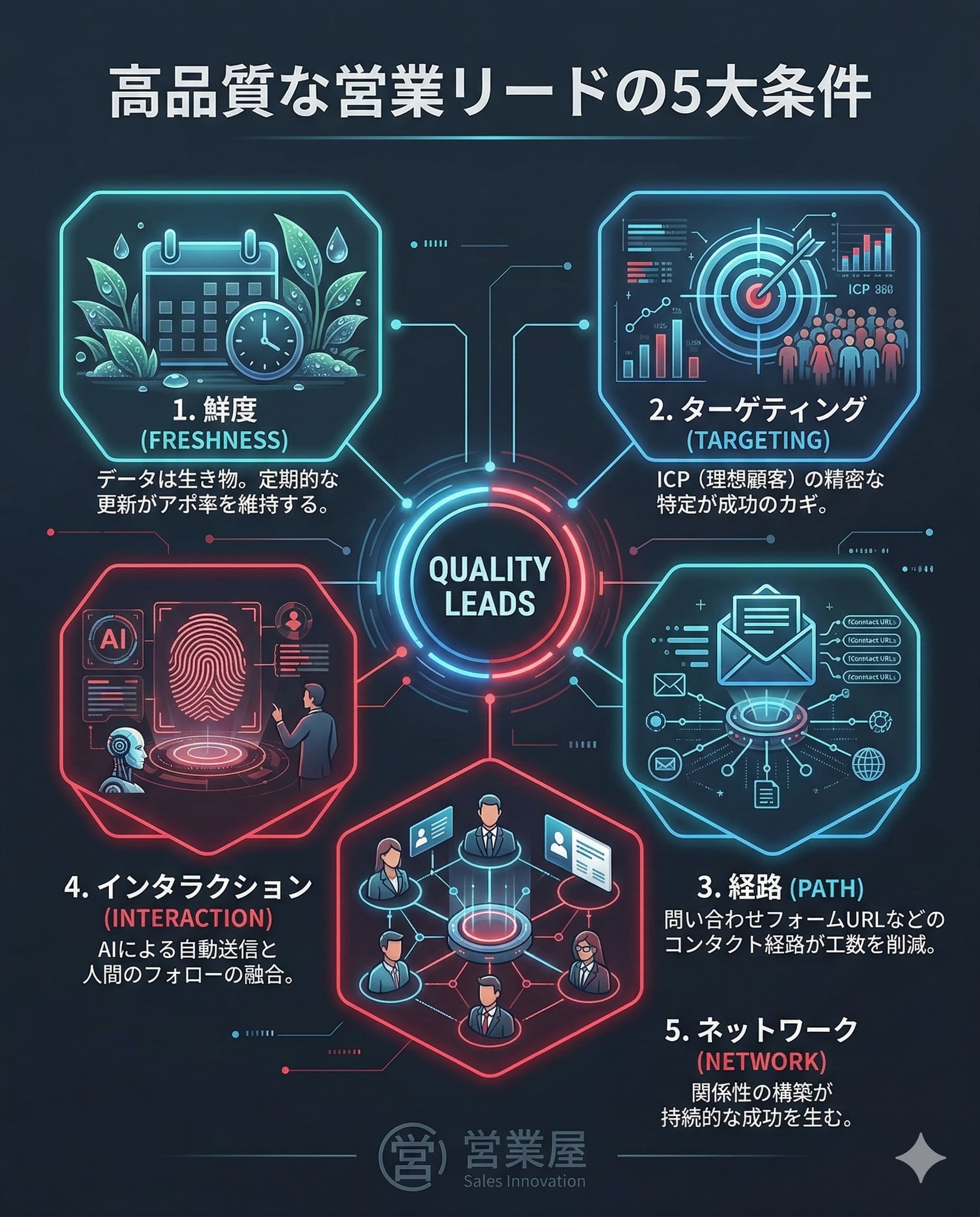 高品質な営業リードに必要な5大条件（鮮度、ターゲティング、経路、インタラクション、ネットワーク）を解説するインフォグラフィック。成功のカギが戦略的なリスト作成にあることを示唆。