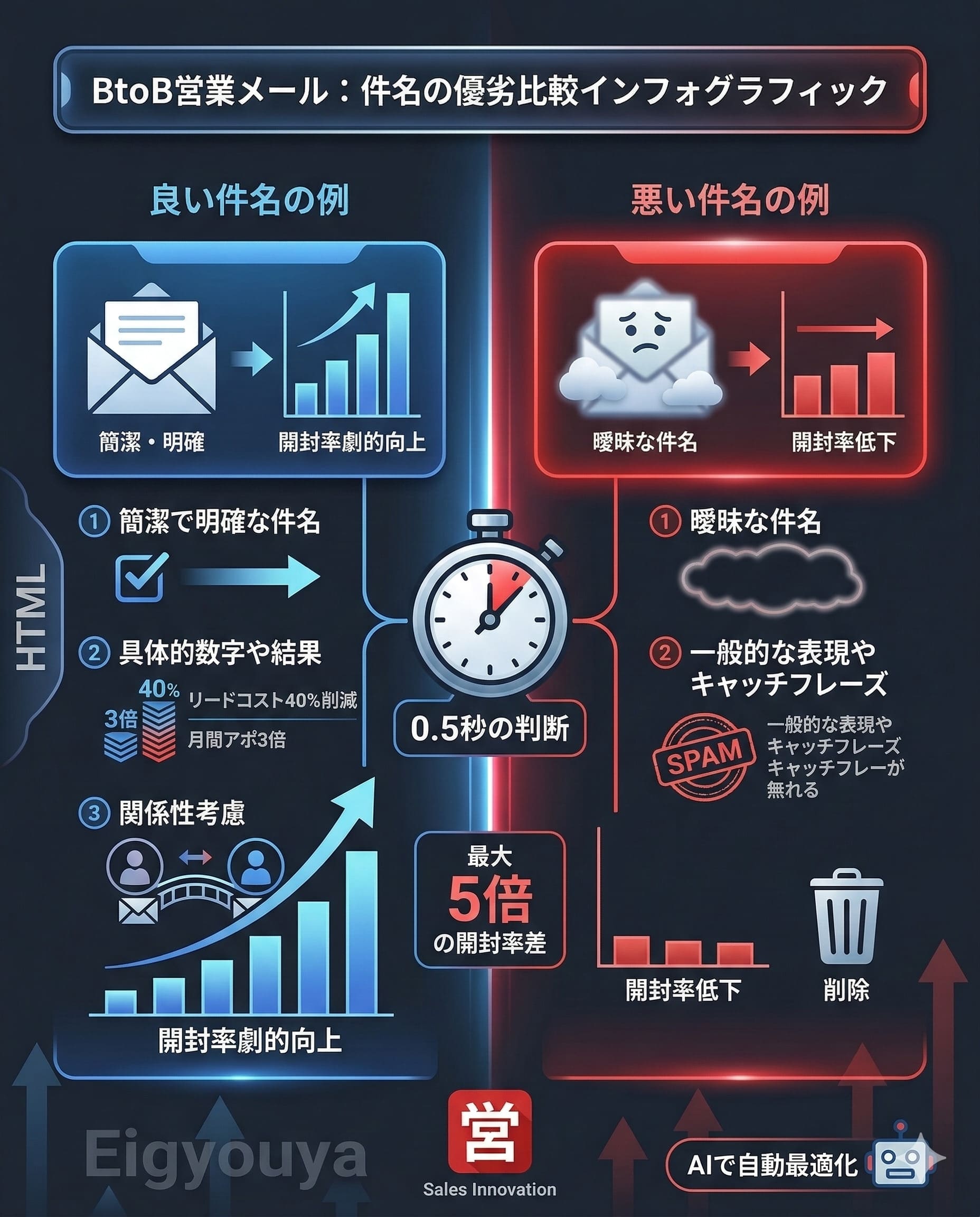 ビジネスメール件名の優劣を比較したインフォグラフィック。簡潔さ、具体的数字、関係性考慮が『良い例』として挙げられ、曖昧さ、一般的表現が『悪い例』として対比されている。