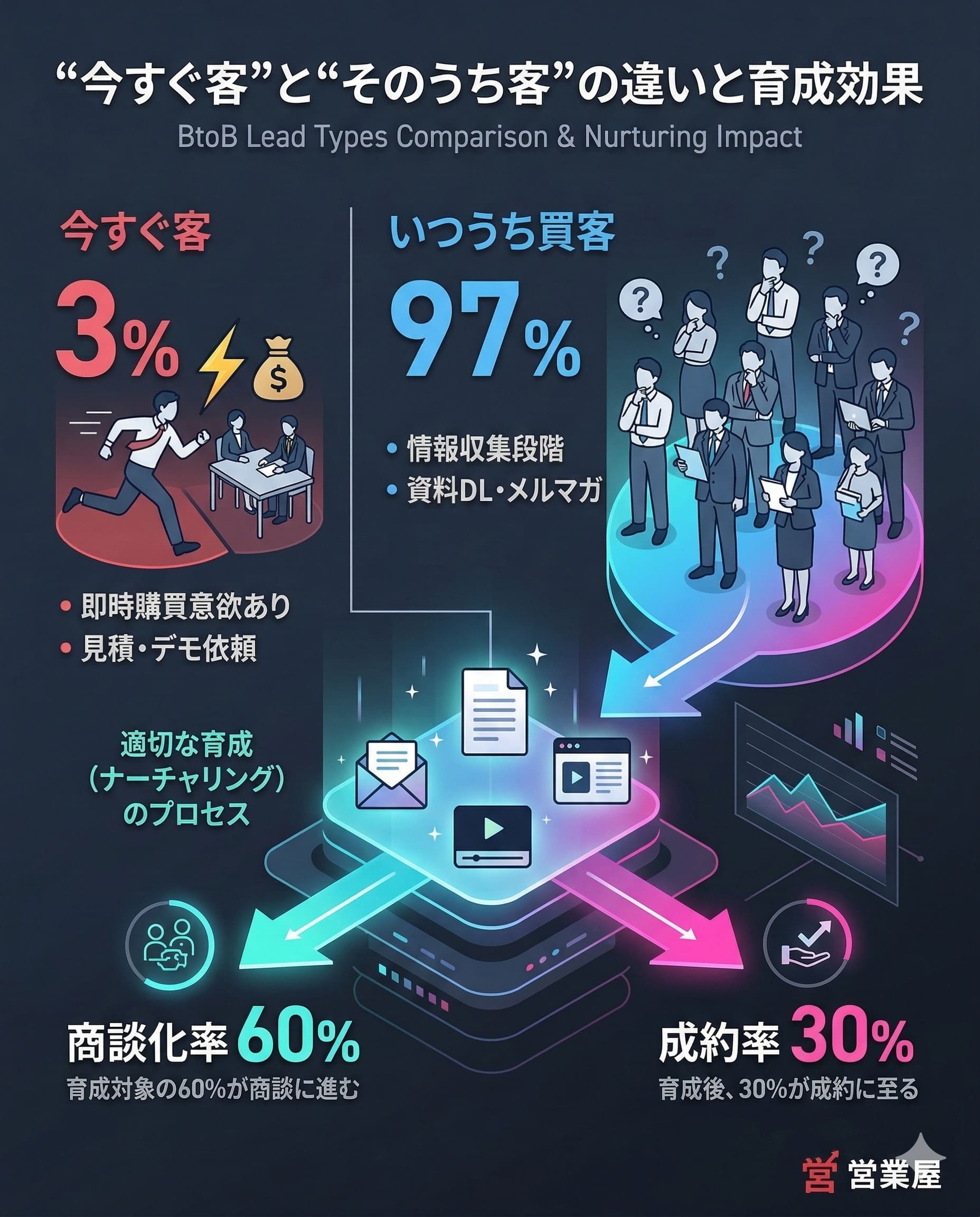 「今すぐ客とそのうち客の違い」を示したインフォグラフィック。即時購買の意欲がある今すぐ客は全体のわずか3%であり、残りの97%は将来的な顧客候補（そのうち客）。適切な育成により60%が商談に進み、最終的に30%が成約に至る可能性を示唆している