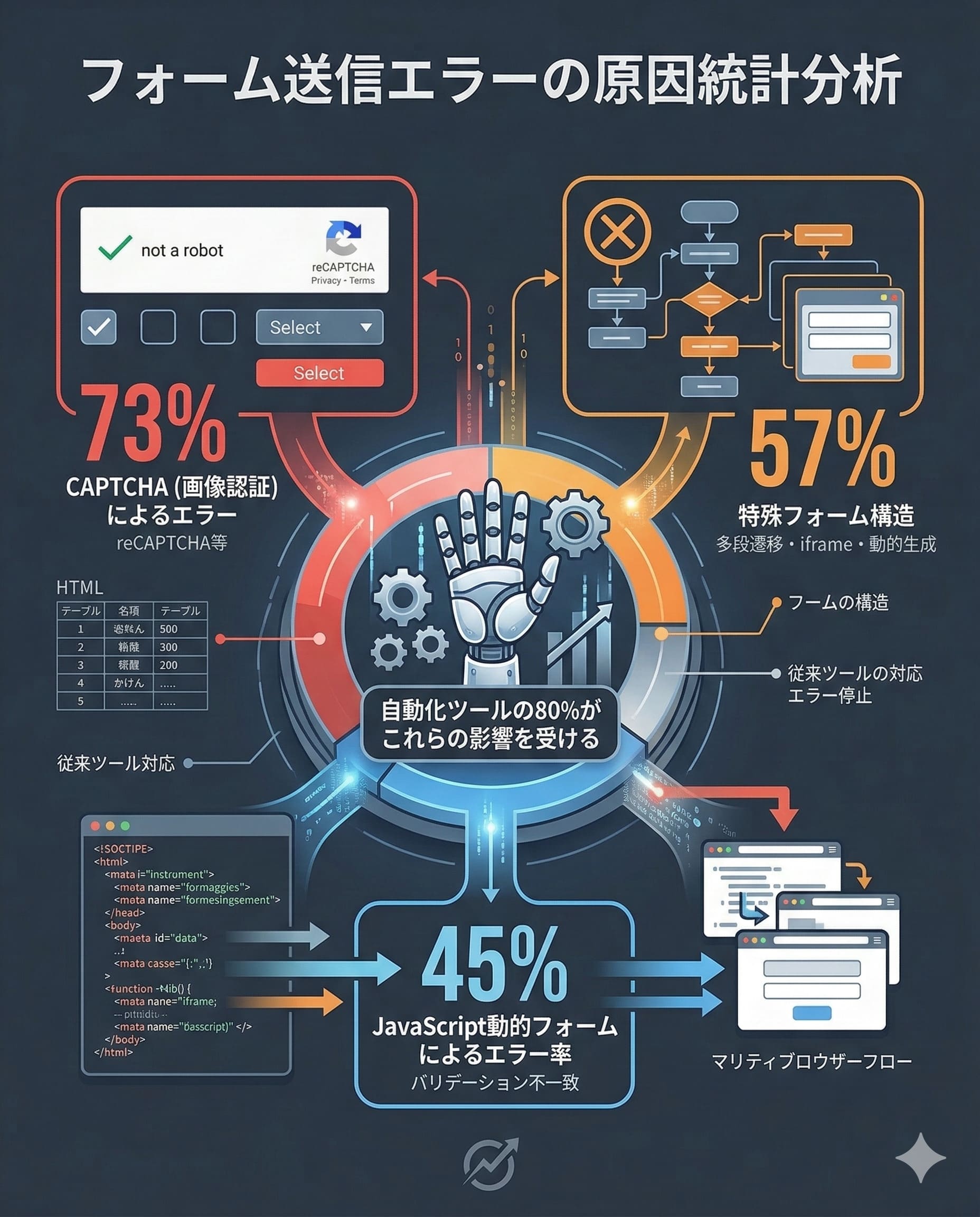 フォーム送信エラーの原因分析インフォグラフィック。CAPTCHA（画像認証）によるエラーが73%、特殊構造が57%、JavaScript動的フォームが45%、自動化ツールの80%がこれらに影響を受けていることを示す統計グラフ。