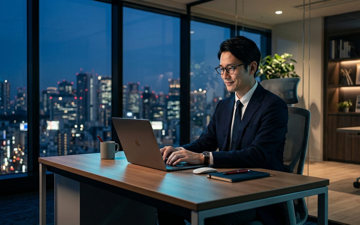 夜のオフィスでノートPCに向かい、フォーム営業の文面と送信先リストを確認する日本のビジネスパーソン。新規開拓の実務シーン。