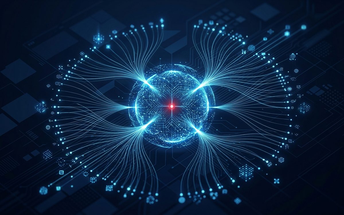 AIによるフォーム営業自動化のイメージ。中央のAIエンジンが多数の送信先へ個別最適化したメッセージを配信する様子を、光と回路で抽象的に表現。