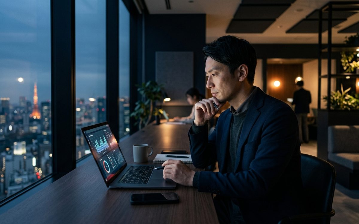夜のオフィスでフォーム営業の反応率データをノートPCで分析するビジネスパーソン。費用対効果を冷静に検証する様子