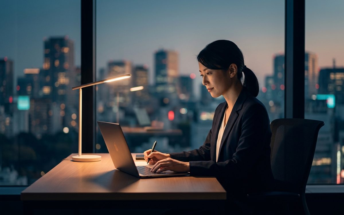 夜のオフィスで、相手企業のHPを見ながら1社ずつ個別のフォーム営業文を書くビジネスパーソン