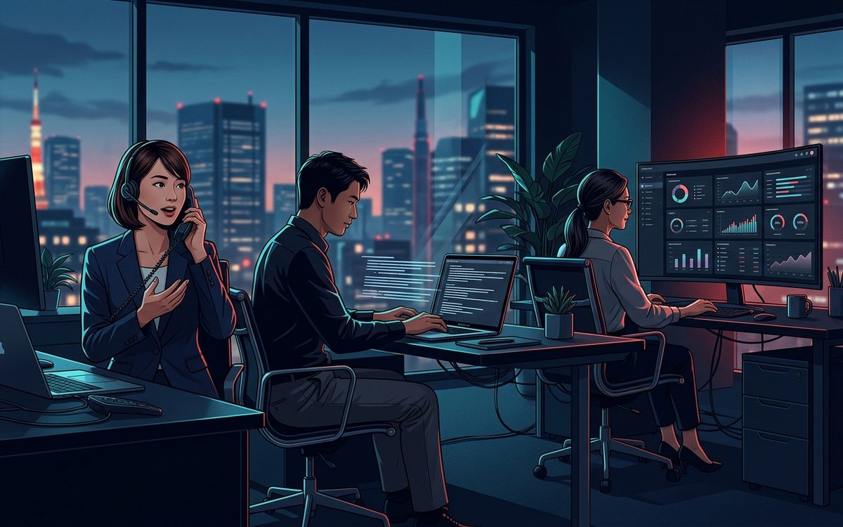 夜のオフィスで電話・ノートPCでのメッセージ送信・ダッシュボード確認を分担するBtoB営業チームのマルチチャネル新規開拓と工数を表す情景