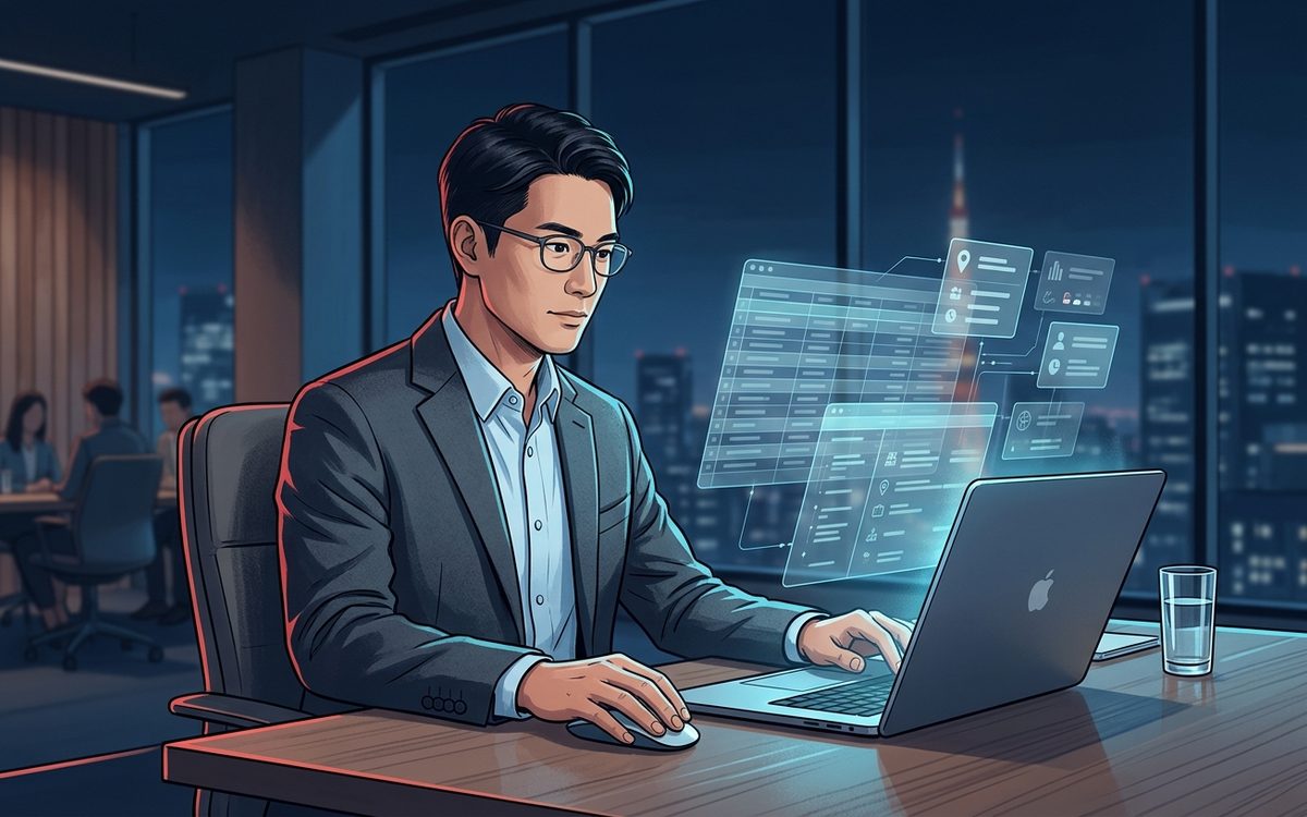 モダンなオフィスでノートPCを使い、ホログラム状の企業データ一覧を見ながら営業リストを構築・整理するビジネスパーソン