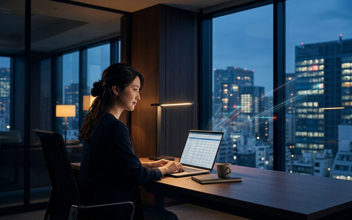夜のオフィスでノートPCに見込み企業リストを表示し都市のビル群へデータがつながる様子を見ながら新規開拓のアプローチ先を検討する営業担当者