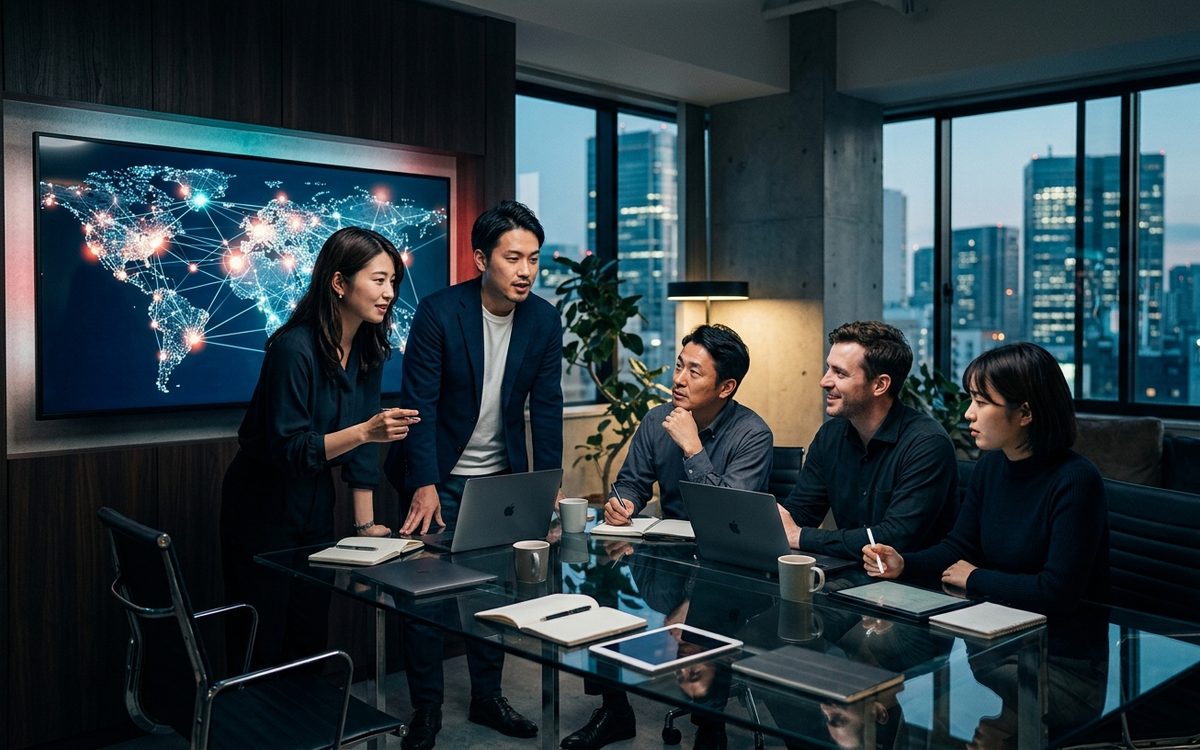 モダンな東京のオフィスで、ターゲット企業のマップを映した大型スクリーンを前に営業とマーケティングのチームがABM戦略を議論する様子