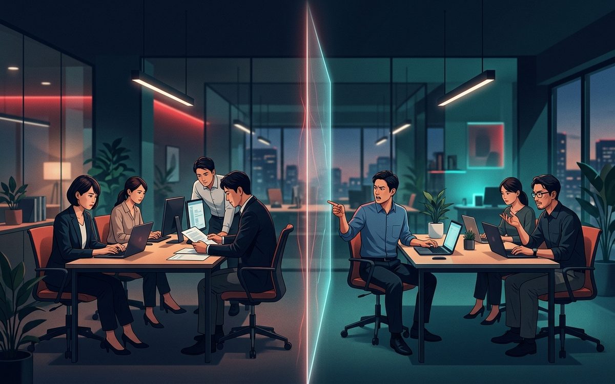 分業によって生まれた部門間の壁（サイロ）で、マーケティングチームと営業チームがリードの質を巡って摩擦を起こしている様子を描いたオフィスのイラスト