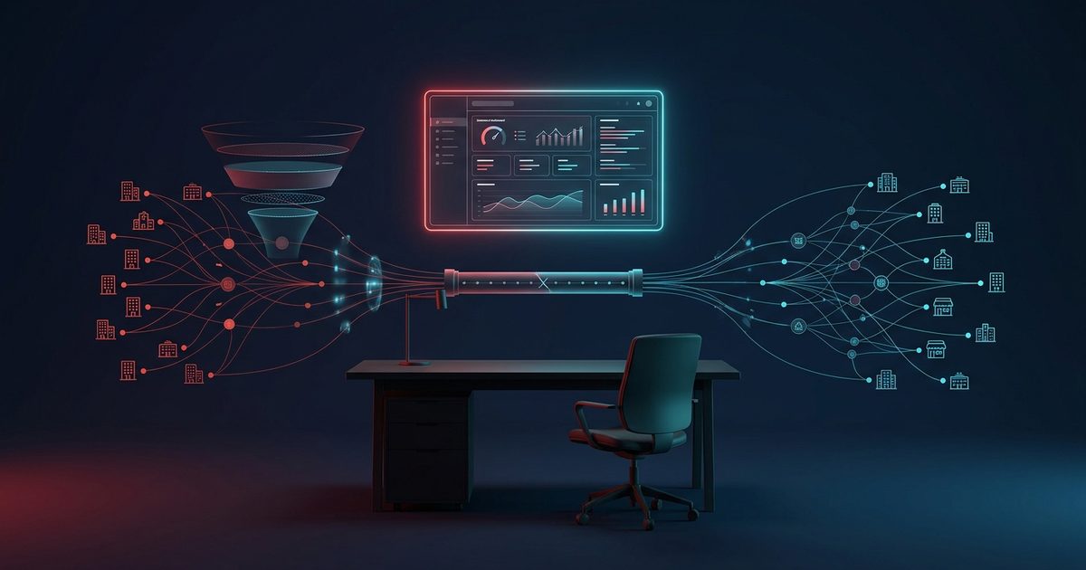 営業DXを象徴するイメージ。オフィスのデスク上に浮かぶデジタルダッシュボードと、多数の企業アイコンから中央のパイプラインへ流れるデータの可視化。SFA・CRM・MAの連携を表現