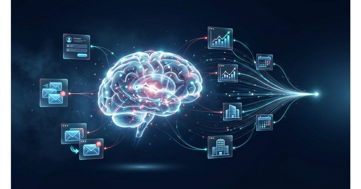 生成AIが新規開拓営業を変える2026年のAI営業トレンドを象徴する、AIの頭脳がフォーム送信やメール・成長グラフ・企業データを束ねる概念図