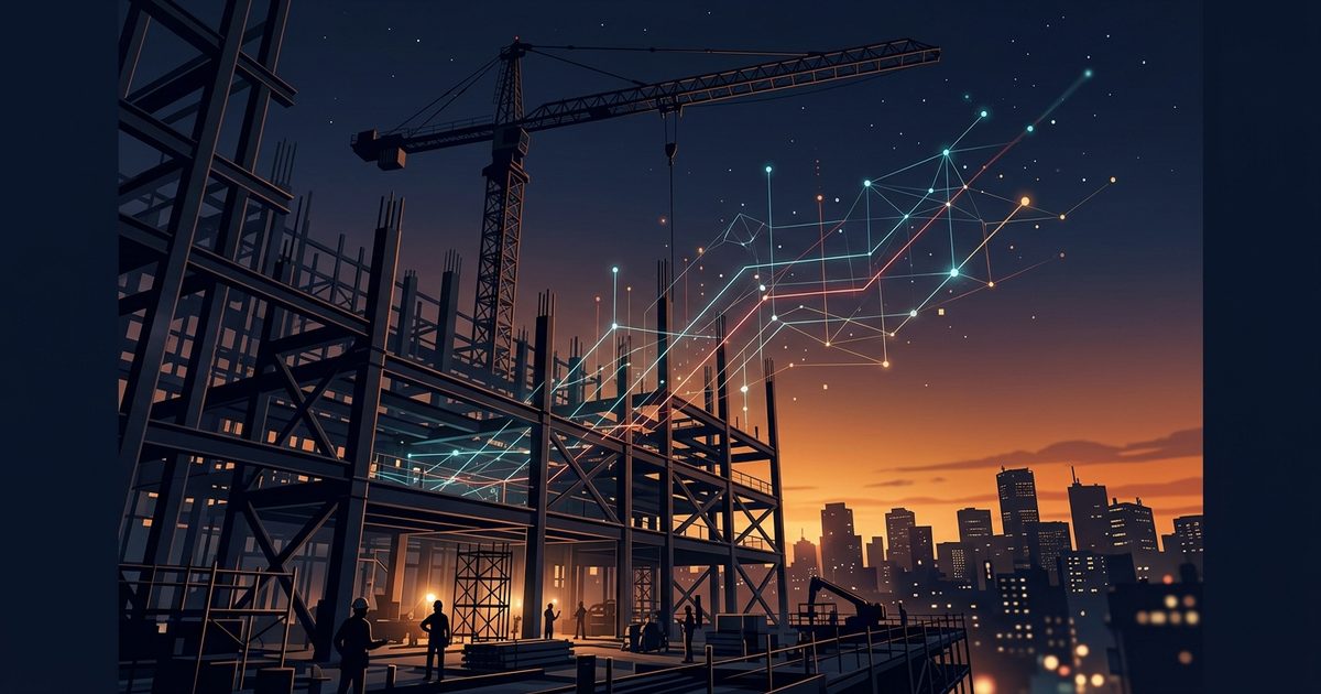 夜明けの建設現場の鉄骨とタワークレーンから新規開拓のデータネットワークが広がる建設業の営業イメージ