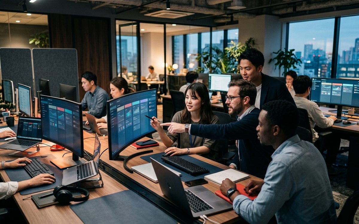 モダンな日本のオフィスで、SaaS企業のインサイドセールスチームがダッシュボードを見ながらICPやパイプラインを議論している様子