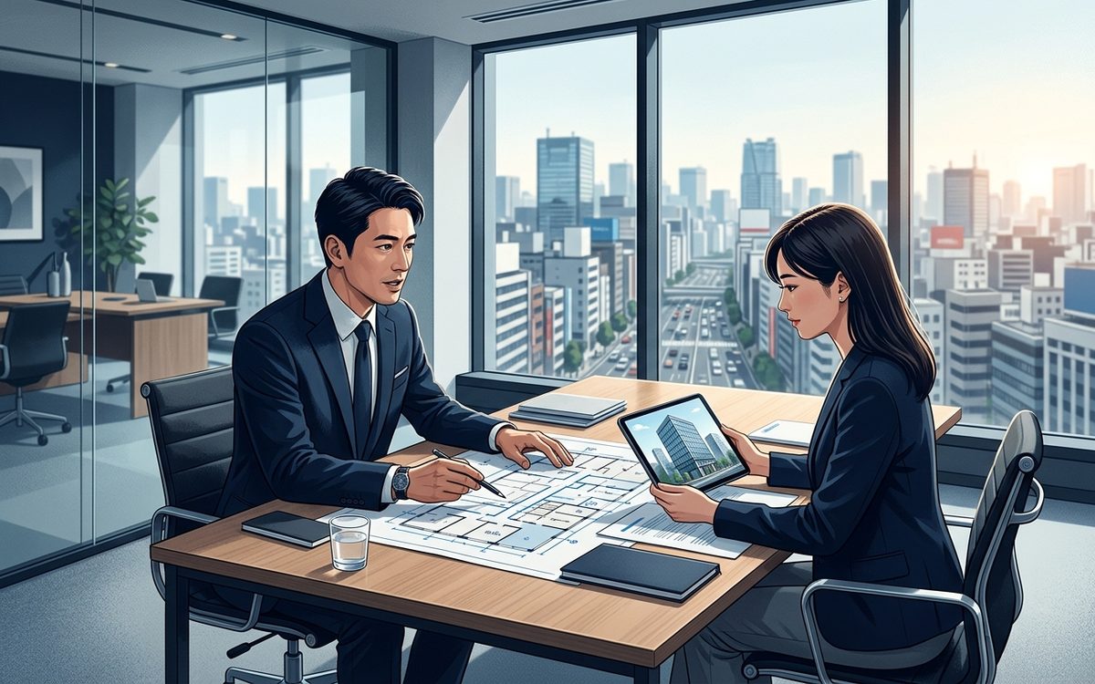明るいオフィスで建物の図面とタブレットを見ながら法人向け不動産の提案を行う2人のビジネスパーソンの商談シーン