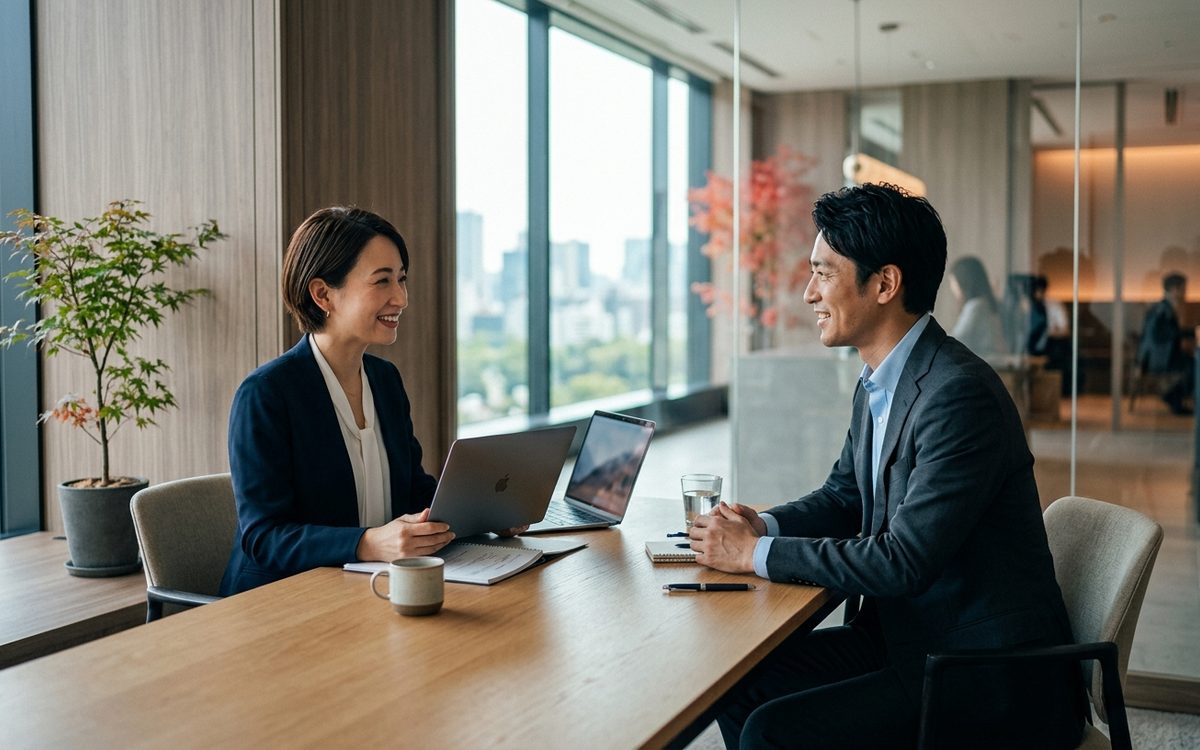 明るいオフィスで人材コンサルタントが採用担当者とノートPCを挟んで打ち合わせをし、求人企業の採用課題をヒアリングしている商談シーン