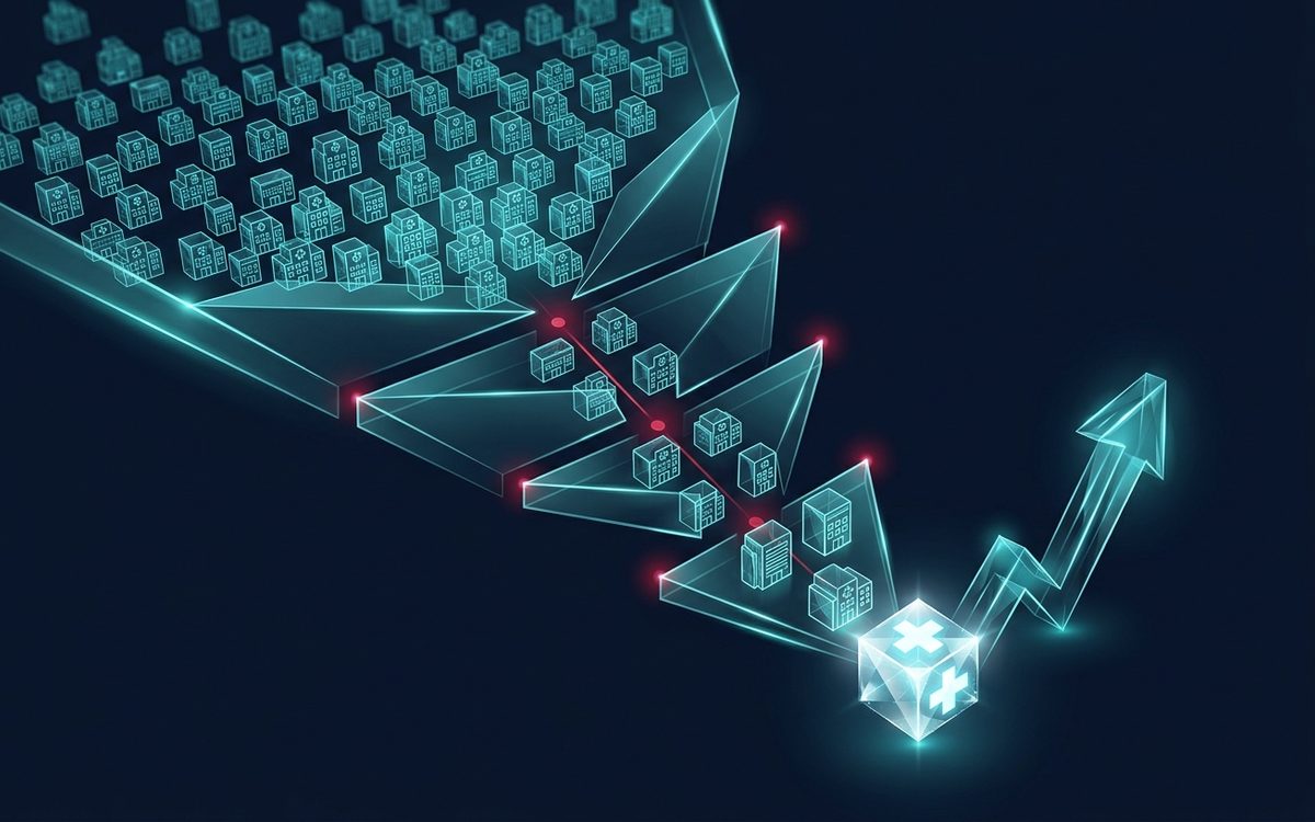 多数のクリニック・病院から商談化に至るまでを段階的に絞り込む、医療機関向けBtoB営業のファネルを表した概念図