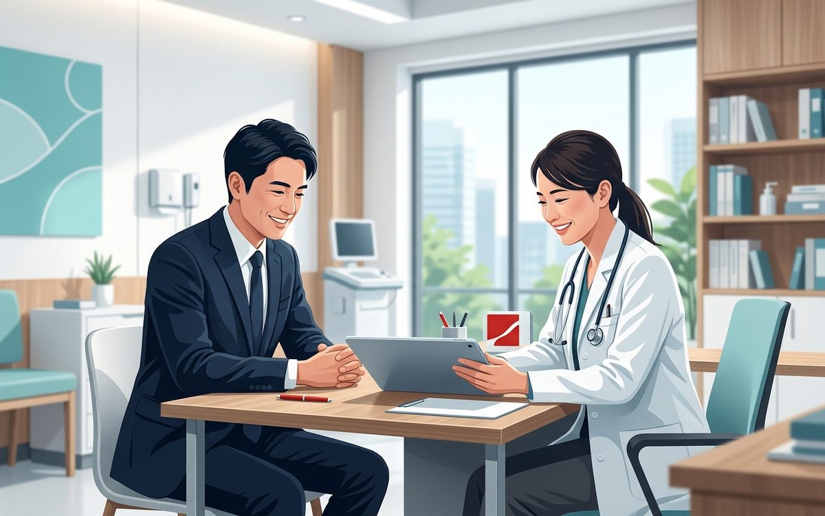 明るいクリニックの診察室で、スーツ姿の営業担当者と白衣の医師がタブレットを見ながら信頼関係を築き商談する様子