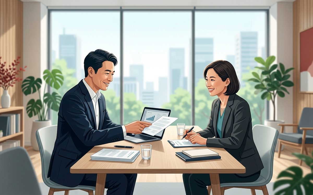 明るいオフィスで税理士・社労士が中小企業の経営者に書類を示しながら相談に応じる、信頼関係を象徴する商談シーン
