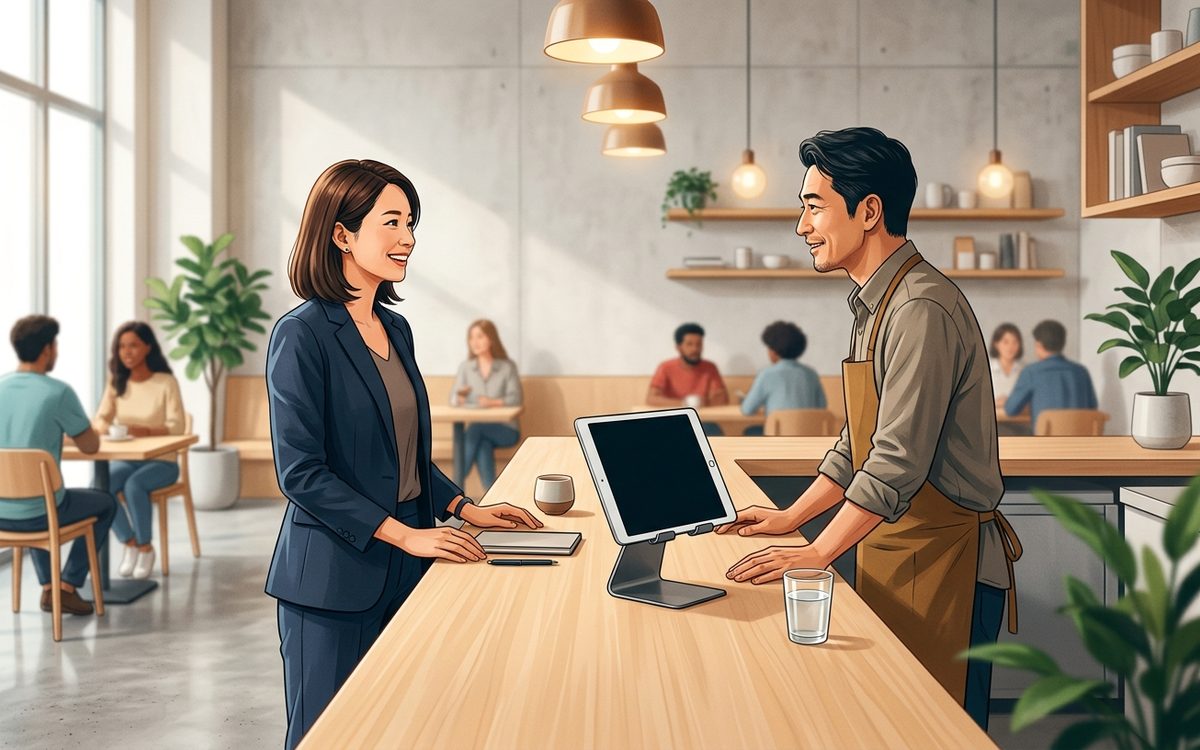 明るいモダンなカフェのカウンター越しに、スーツ姿の営業担当者が店舗オーナーへ提案している、店舗向けBtoB営業の商談シーン