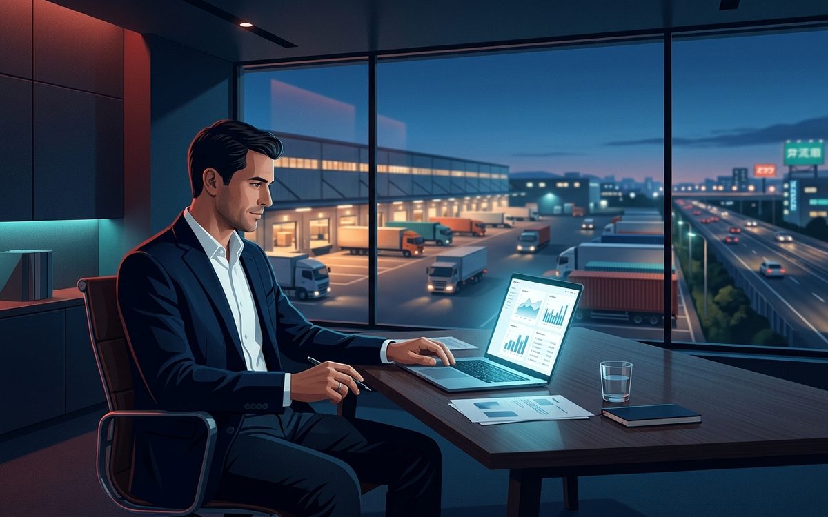 物流会社のオフィスでノートPCを見ながら新規荷主の開拓と提案を計画する営業担当者、窓の外には倉庫とトラックが見える情景