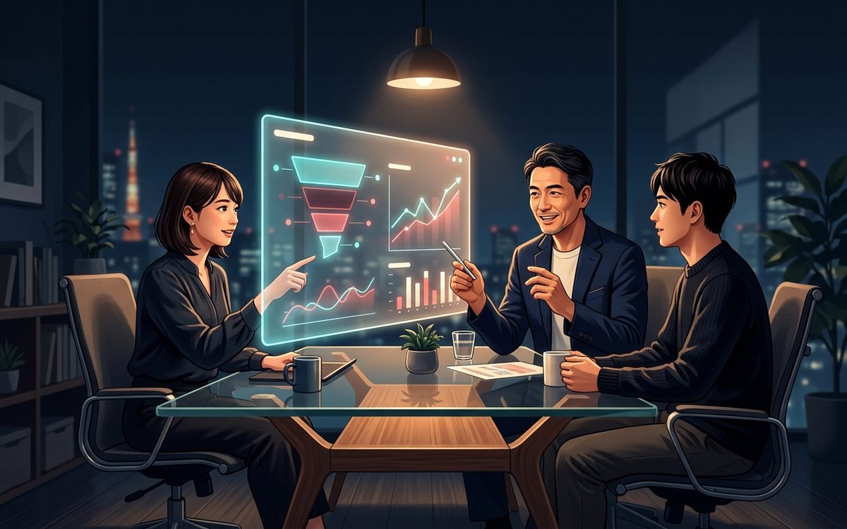 中小企業の営業チームが、ダッシュボードを見ながら営業プロセスとノウハウを共有・標準化している様子
