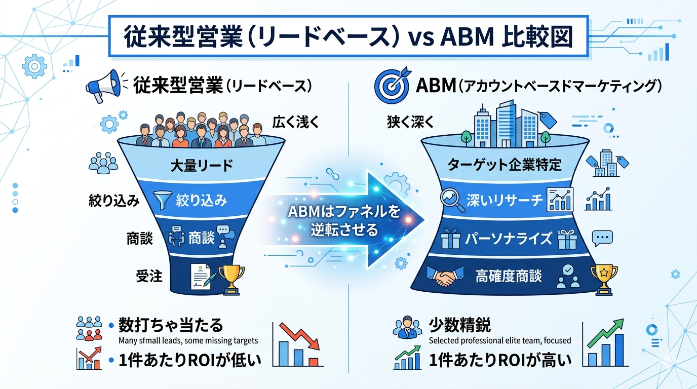 ABMのファネル構造とターゲットアカウント選定フロー図