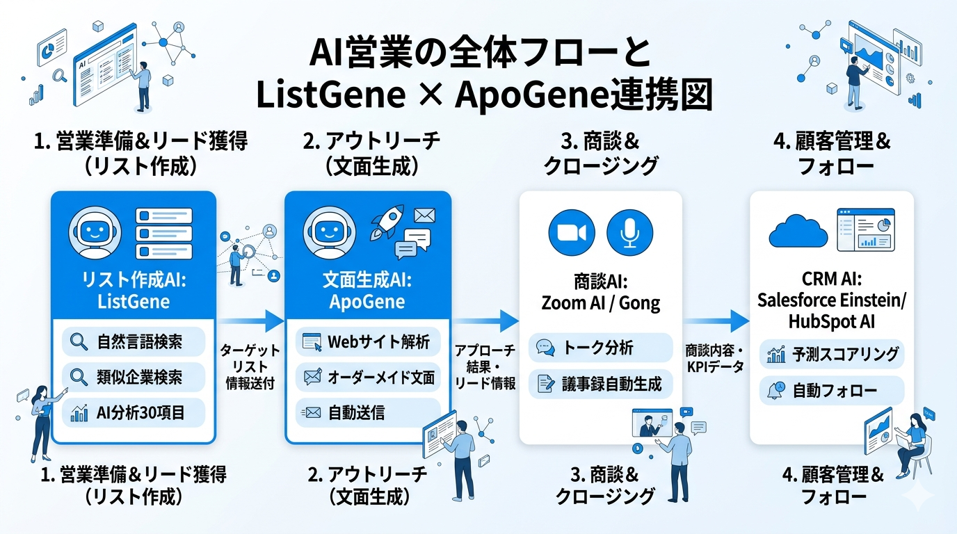 AI営業の全体フローとListGene・ApoGene連携図