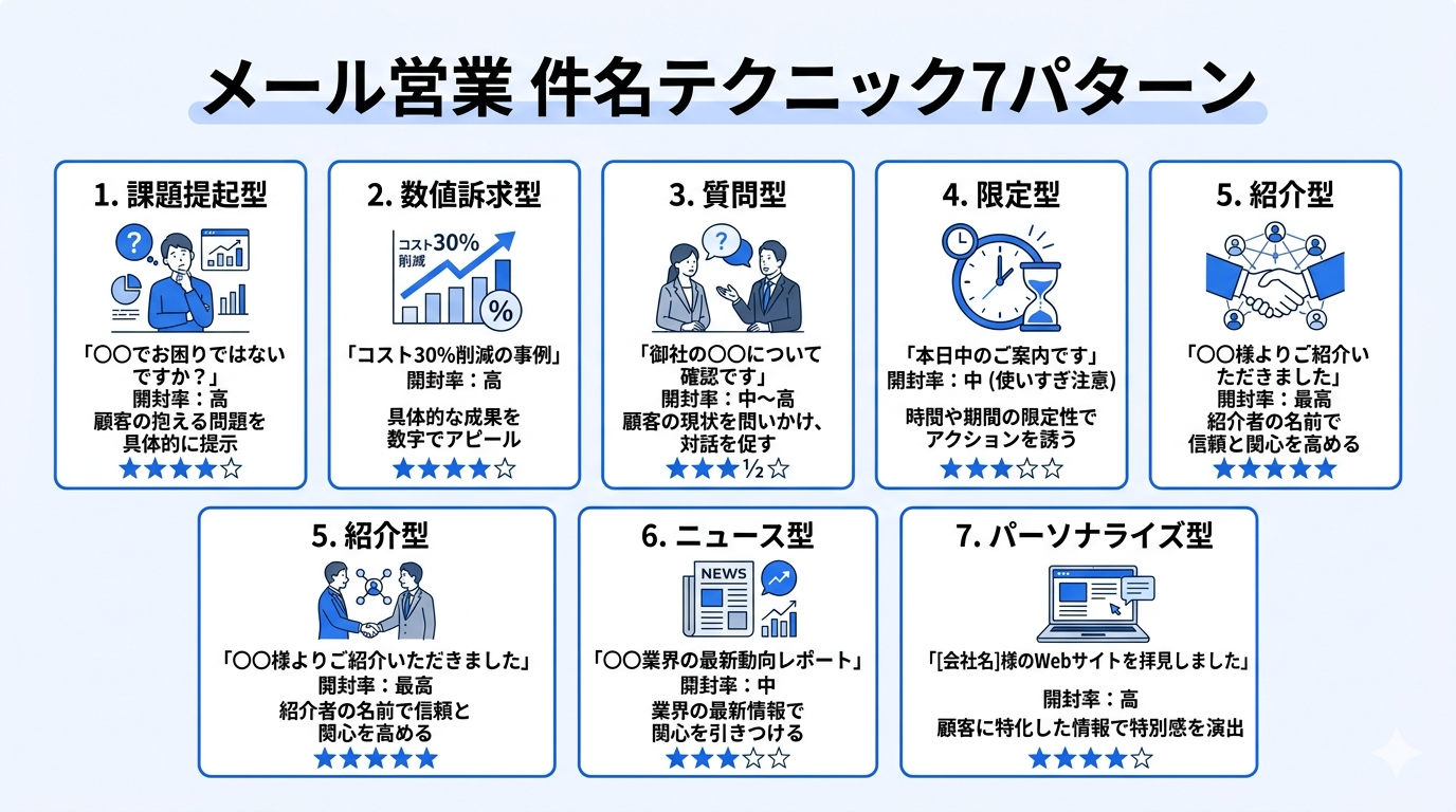 メールDM営業の開封率・返信率を高める件名テクニック図