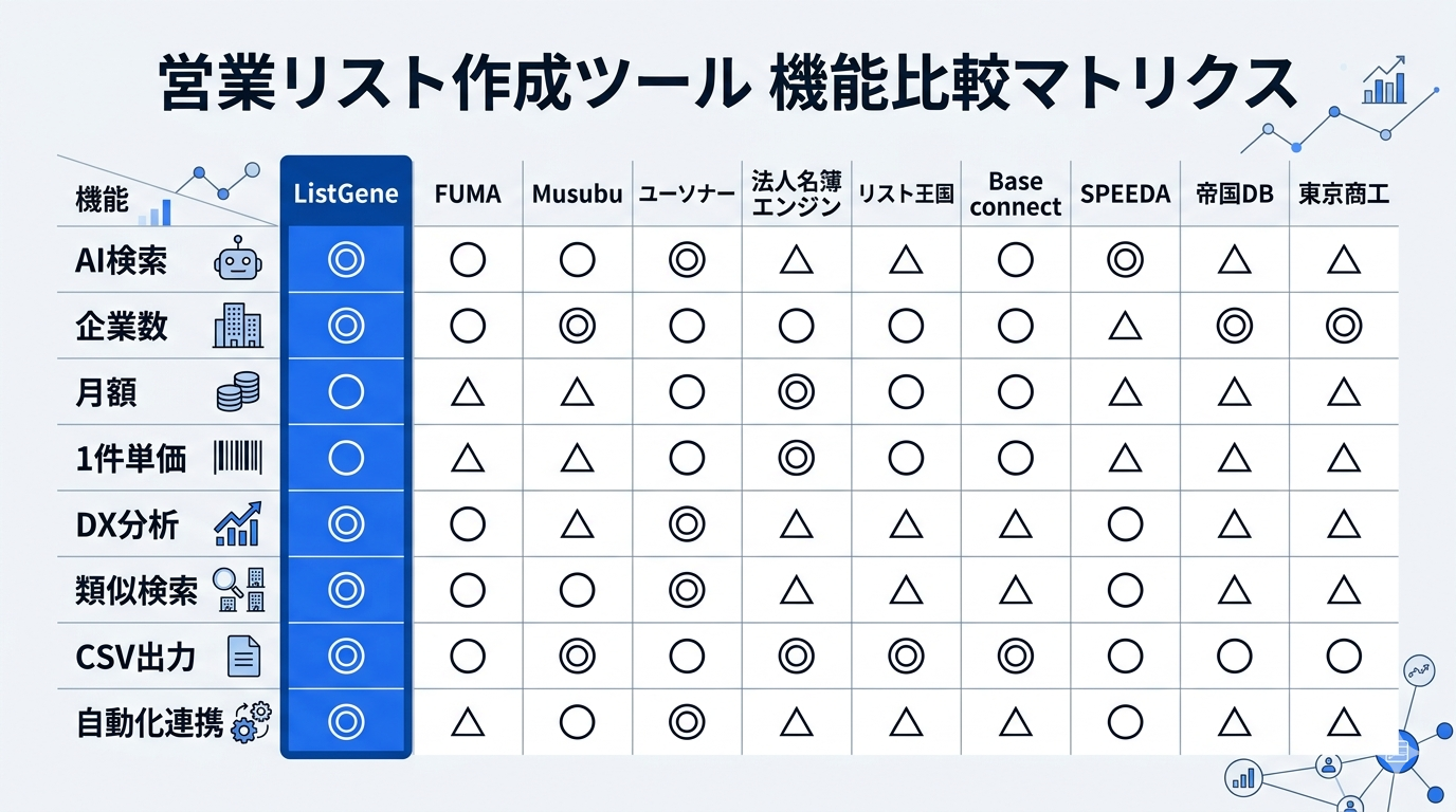営業リスト作成ツール10選の機能比較マトリクス