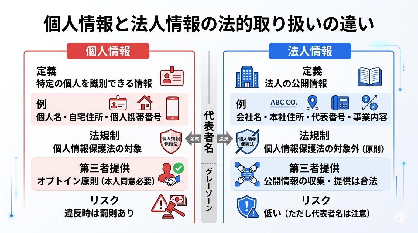 個人情報と法人情報の法的取り扱いの違い比較図