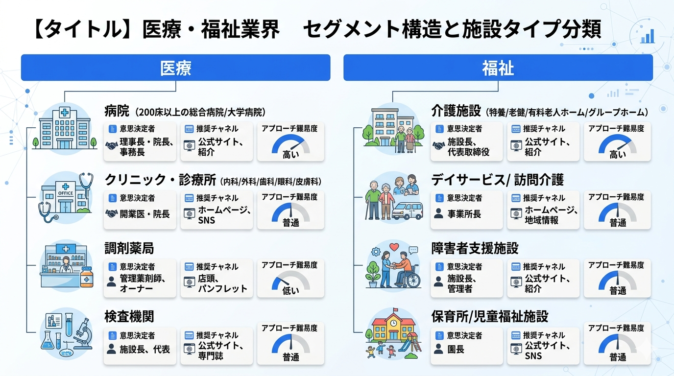医療・福祉業界のセグメント構造と施設タイプ分類図