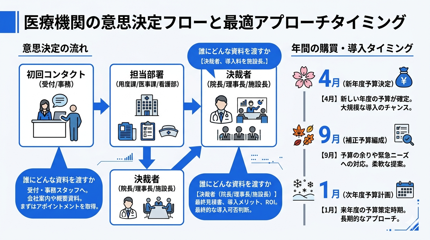医療機関の意思決定フローと最適アプローチタイミング