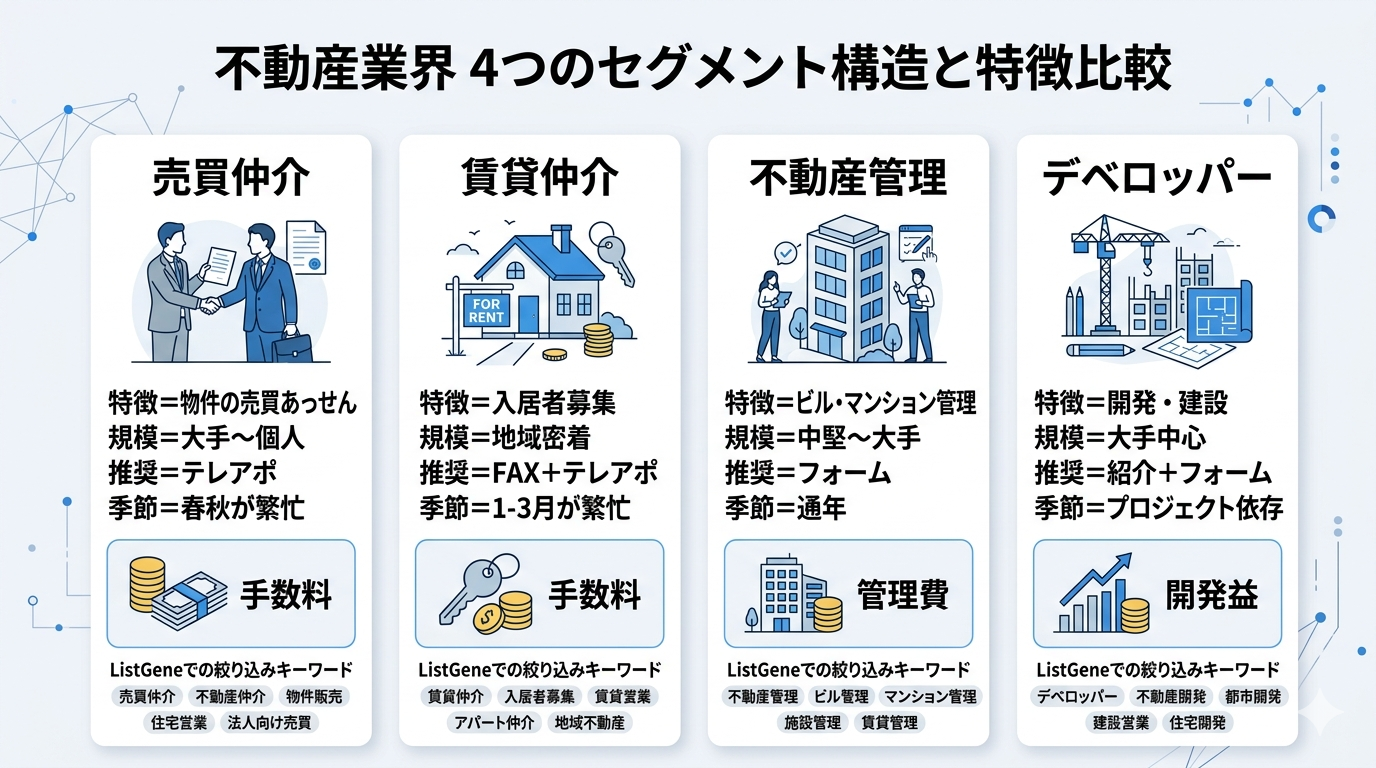 不動産業界の主要セグメント構造と特徴比較図