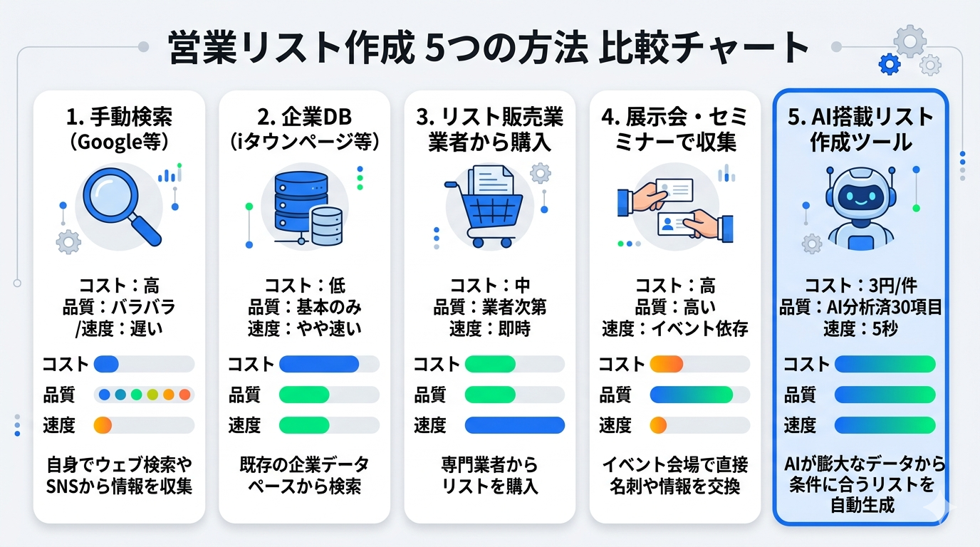営業リスト作成5つの方法比較チャート